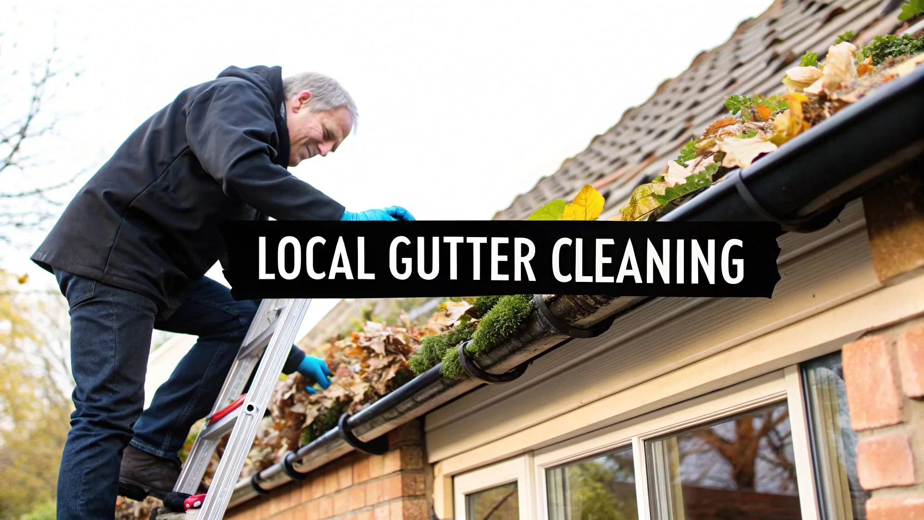 Gutters being cleared and cleaned on a UK house