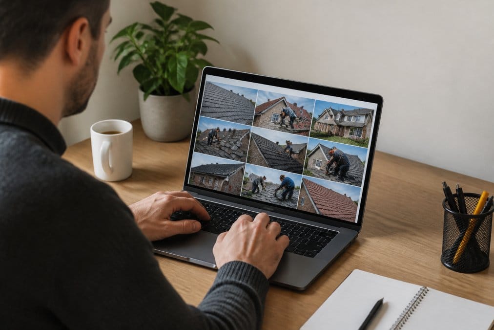 Homeowner's hands on a laptop or tablet, browsing a roofing directory website with customer reviews and ratings visible on screen, warm office lighting