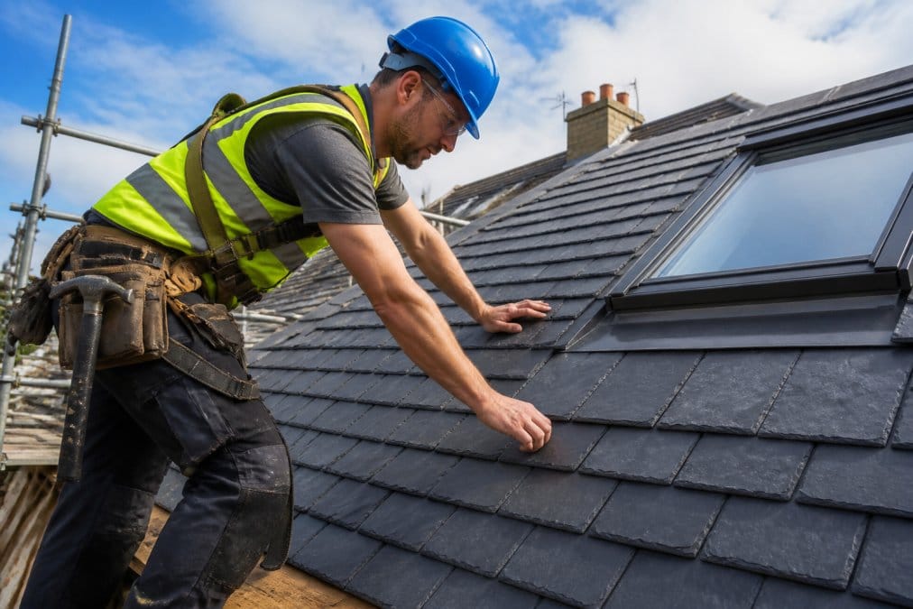 Professional roofer in safety gear and high-visibility clothing inspecting a residential roof, with tools and equipment visible, natural daylight
