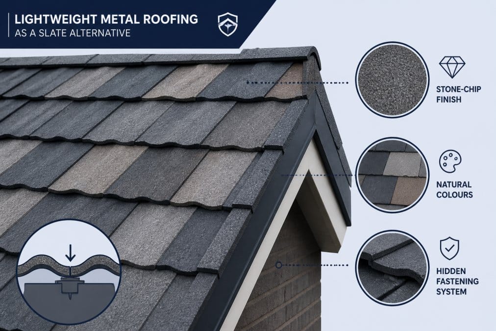 Close-up of metal roofing tiles installed on residential roof showing textured stone-chip finish and natural colour variations in daylight, with visible overlap and hidden fastening system
