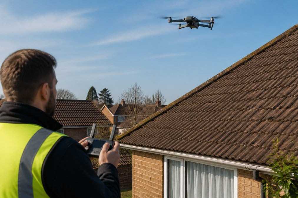 Professional drone operator hovering a quadcopter above a residential pitched roof, capturing detailed footage of tiles and gutters, with the operator holding a remote control in the foreground on a sunny day