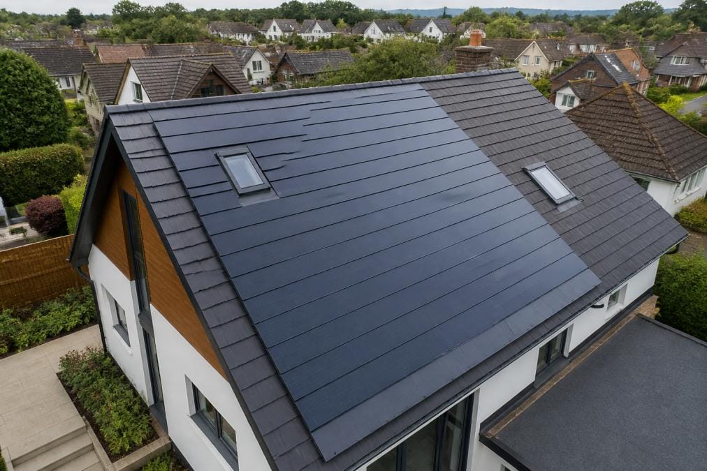 Aerial view of a modern residential pitched roof fitted with integrated solar tiles showing the seamless flush design alongside traditional roof areas, with suburban homes and gardens visible in the background