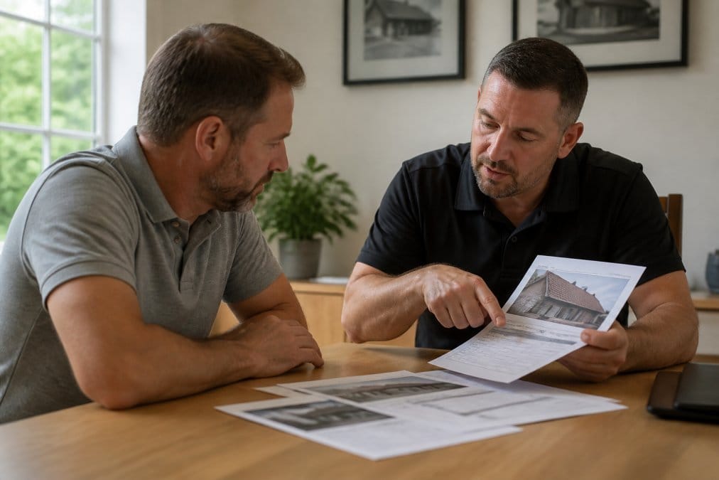 Homeowner and professional roofer in a home office setting, seated across from each other, reviewing printed quotes and roof inspection documents on a table, natural daylight from a window