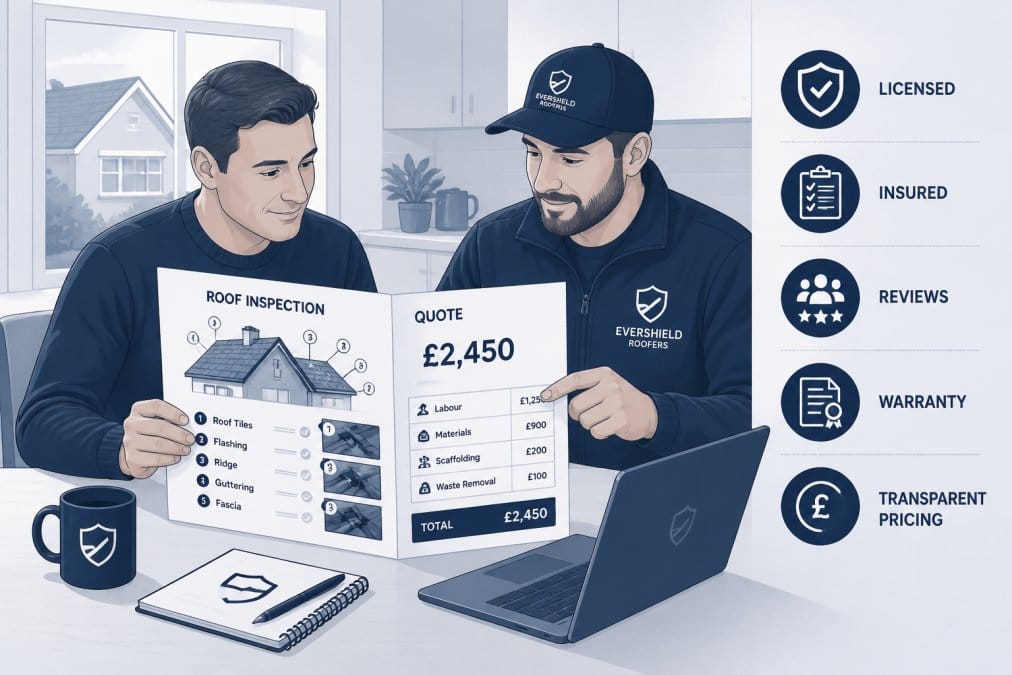 Homeowner and professional roofer reviewing detailed written roof inspection report and quote together at kitchen table with natural daylight from window