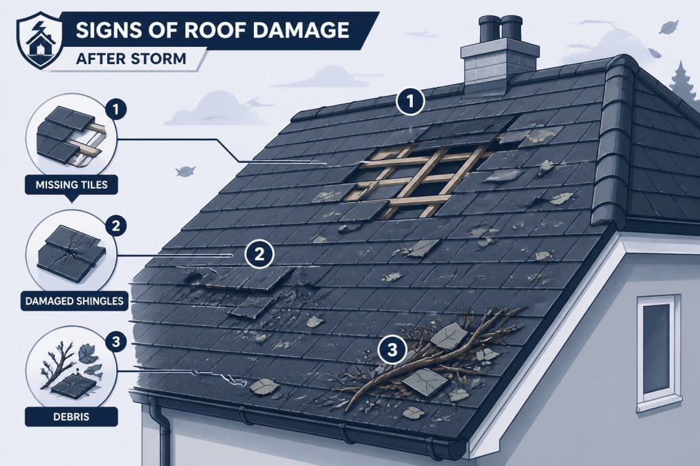 Close-up of residential roof showing missing tiles, damaged shingles, and debris scattered across pitched roof surface after severe storm, with clear daylight revealing structural damage