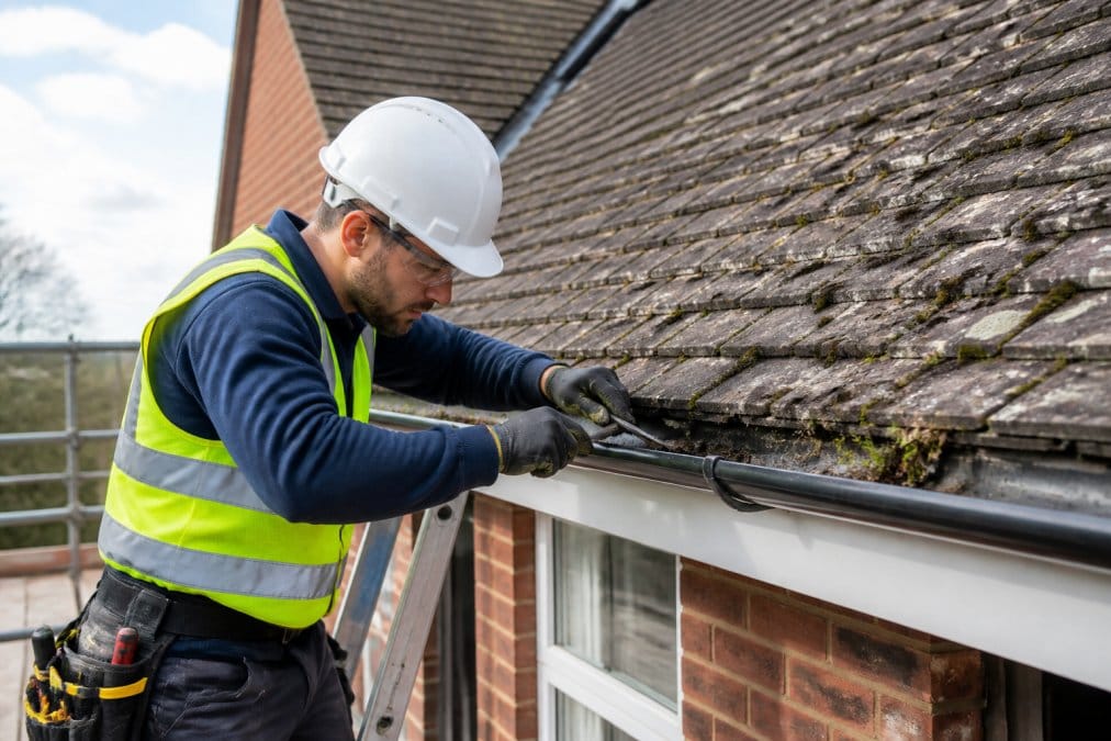 Professional roofer conducting systematic roof inspection on residential property, checking gutters and tiles with professional equipment in clear daylight, demonstrating preventative maintenance work