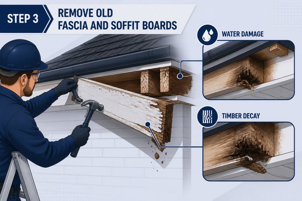 Roofer using a pry bar and hammer to carefully remove deteriorated fascia boards from the roofline, showing exposed timber decay and water damage on rafter feet in bright daylight