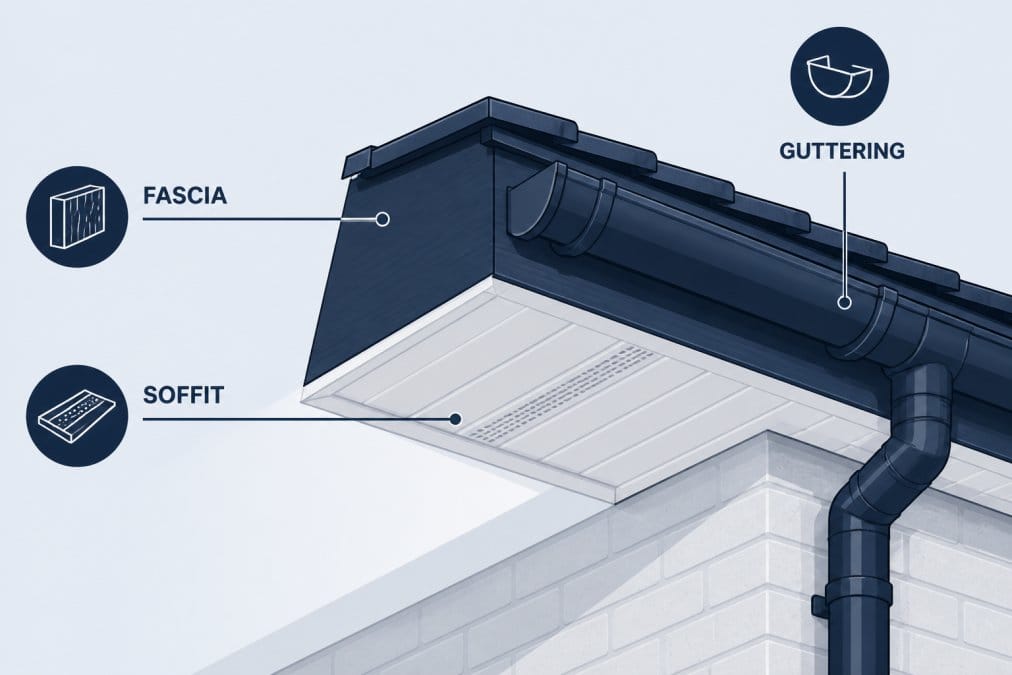 Close-up view of a roof edge showing the fascia board attached to the rafter ends and the soffit board underneath the overhang, with guttering visible