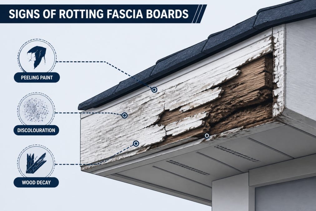 Damaged fascia board showing visible rot, discolouration, and deterioration with peeling paint and wood decay, close-up view