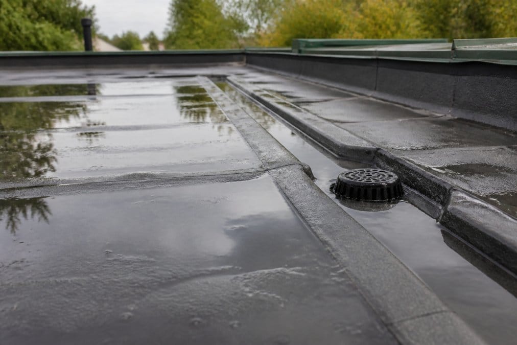 Close-up of water pooling on dark flat roof surface with visible drainage channels and wet membrane, showing water accumulation patterns in natural daylight