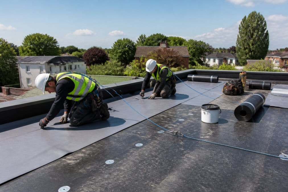 Professional roofing team in safety harnesses working on flat roof installation, with tools and materials visible, installing membrane under clear daylight conditions