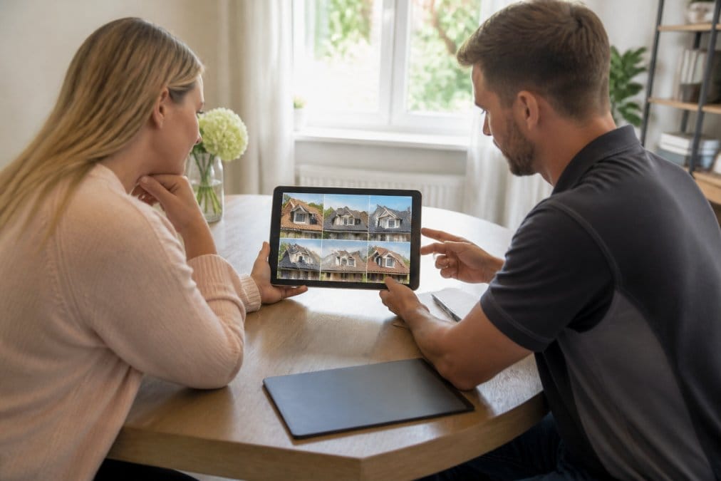 Homeowner reviewing tablet showing before-and-after photos of completed roofing installations with professional roofer standing beside them in bright home office