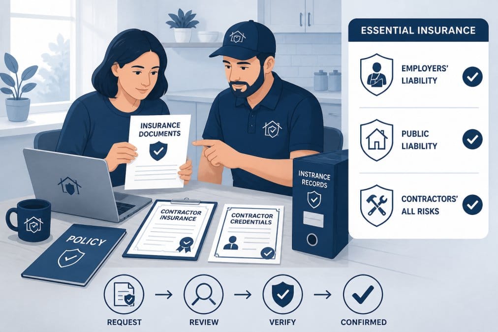 Homeowner reviewing insurance documents and roofing contractor credentials at a kitchen table with paperwork, laptop, and policy documents in natural daylight