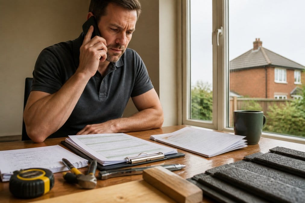 Homeowner on a phone call looking concerned, with a clipboard of quotes from different roofing companies and notes spread on a desk near a window