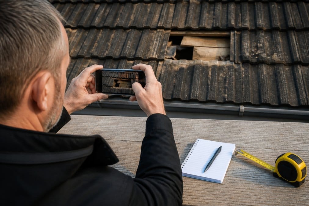 Homeowner photographing roof damage with a smartphone, with a notebook and measuring tape visible on a workbench for documentation purposes, in natural daylight