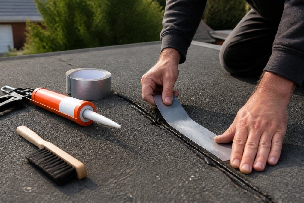 Hands of a tradesperson applying waterproof roofing sealant and patching tape to a roof crack, with tools and materials including caulking gun, tape roll, and cleaning brush laid out on the roof surface in daylight