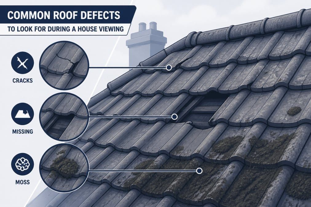 Close-up of aged roof tiles showing visible cracks, missing sections, and thick moss buildup on a residential pitched roof in overcast daylight