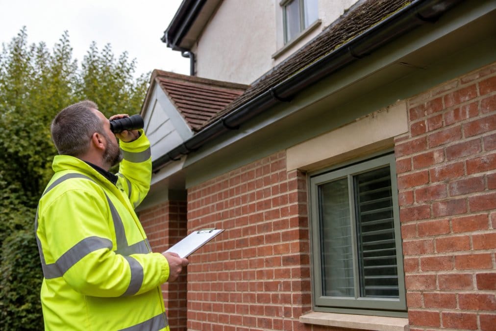 Professional surveyor in high-visibility clothing examining roof edge and guttering with binoculars and clipboard, standing on ground level beside residential property