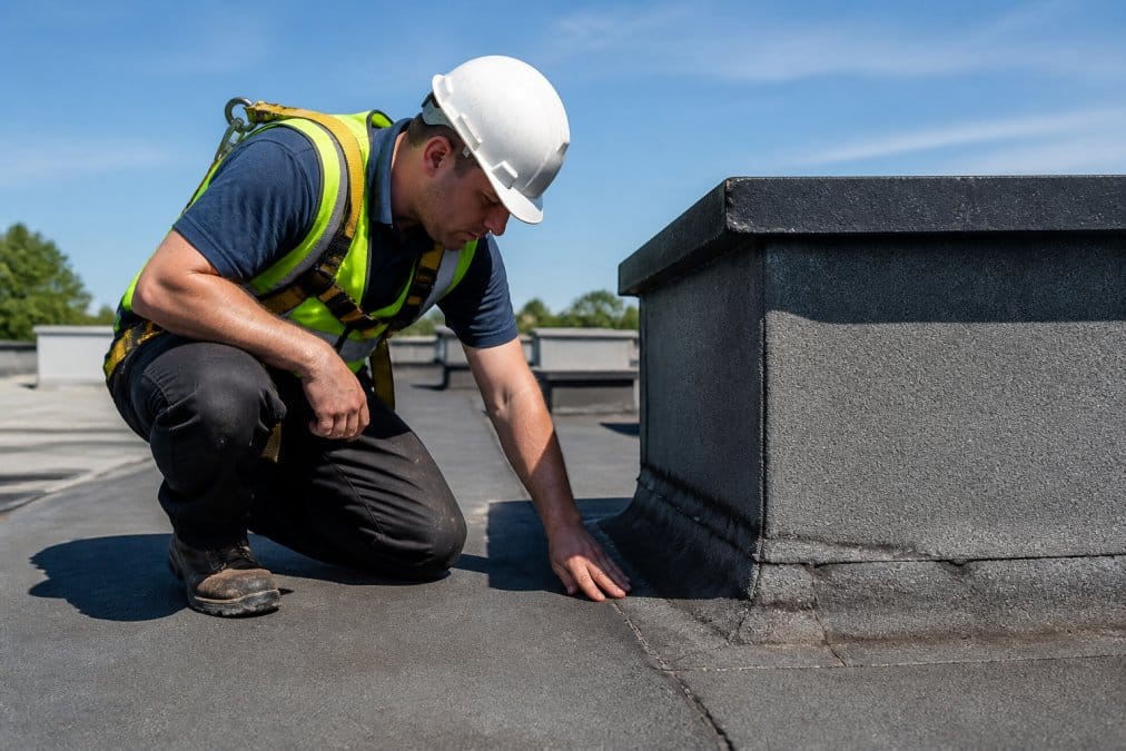 Professional roofer in safety harness carefully inspecting flat roof membrane surface, examining areas around flashing and seams for visible cracks and blistering damage, bright daylight conditions