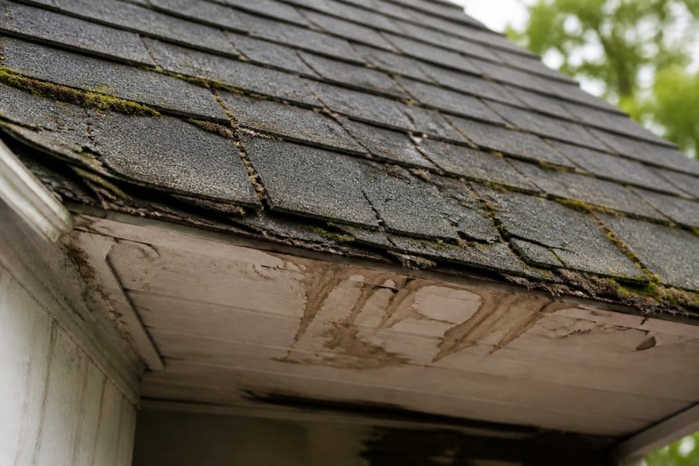 Close-up of cracked asphalt shingles with moss growth, visible water damage stains on the underside, and deteriorating edges in natural daylight