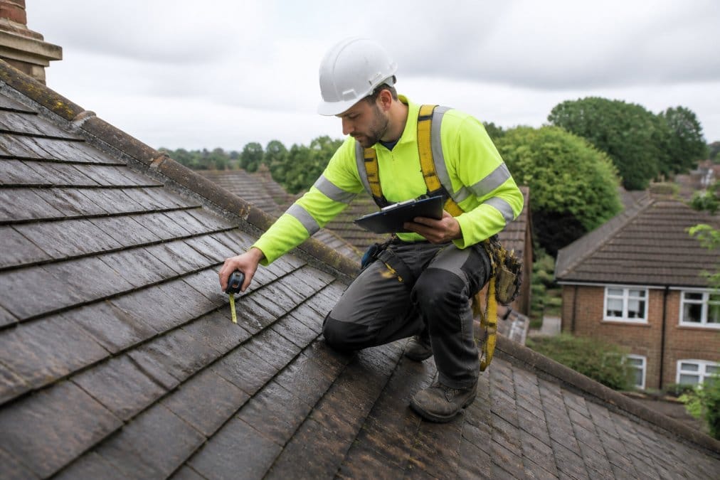 Professional roofer in high-visibility clothing and safety harness conducting roof inspection with clipboard and measuring tape on residential property