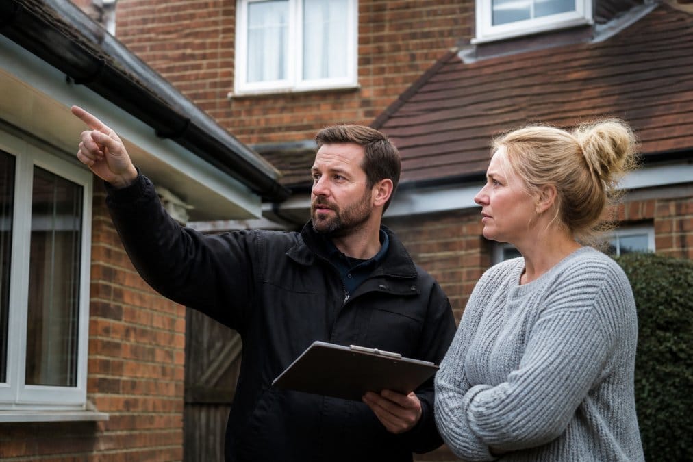 Professional roofer meeting with homeowner on-site, reviewing roof conditions and discussing repair plans with the property visible in background, natural daylight