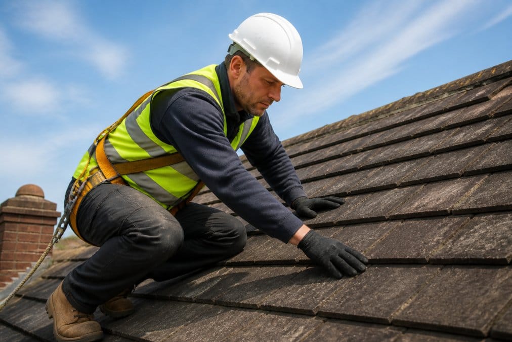 Professional roofer in high-visibility safety gear and harness conducting detailed inspection of roof tiles, checking for damage and deterioration, with clear sky visible in background