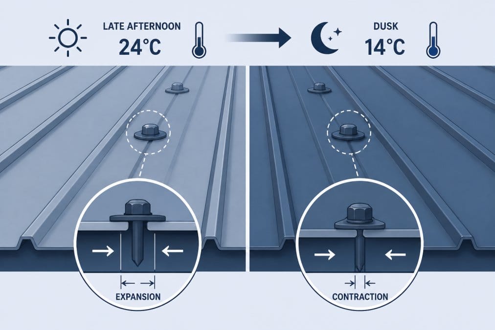 Close-up of a metal roof surface during late afternoon showing thermal expansion gaps between fasteners and metal sheets, with visible contraction lines as temperature begins to drop at dusk