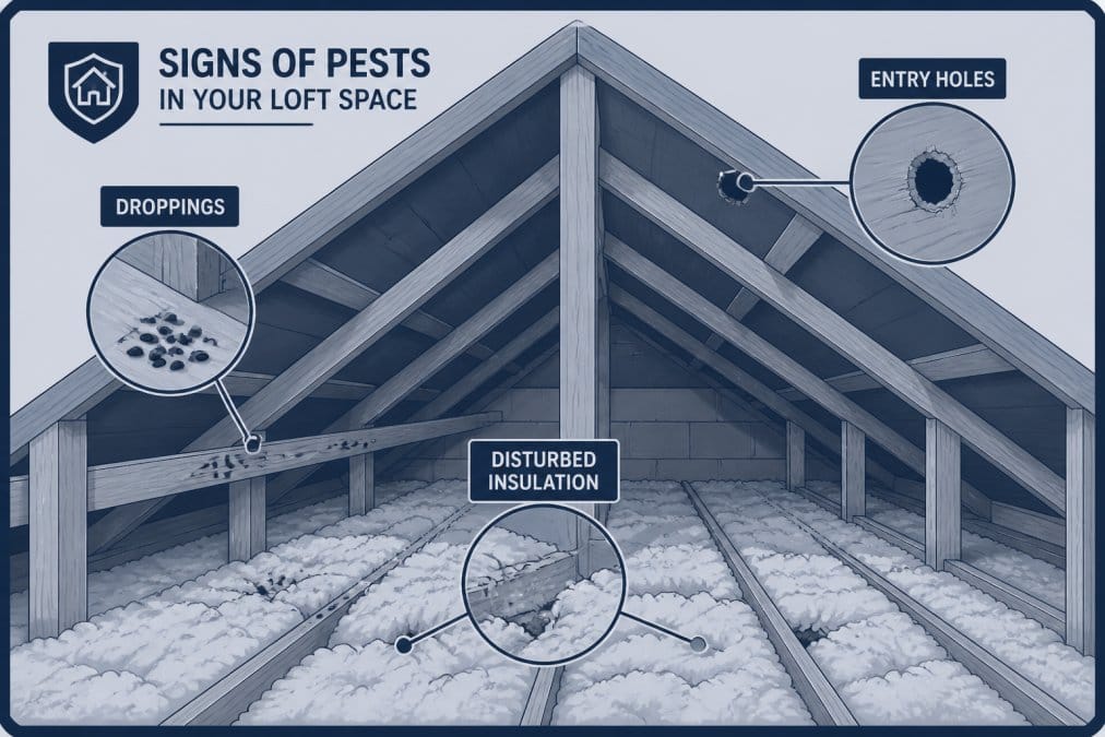 Interior loft space with visible timber rafters and roof deck, showing evidence of pest activity including disturbed insulation, droppings near structural elements, and small entry holes where pests have accessed the space