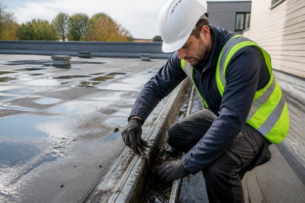 Professional roofer in safety equipment inspecting and clearing debris from a roof gutter system during maintenance work, with drainage channels visible and daylight showing the roof surface