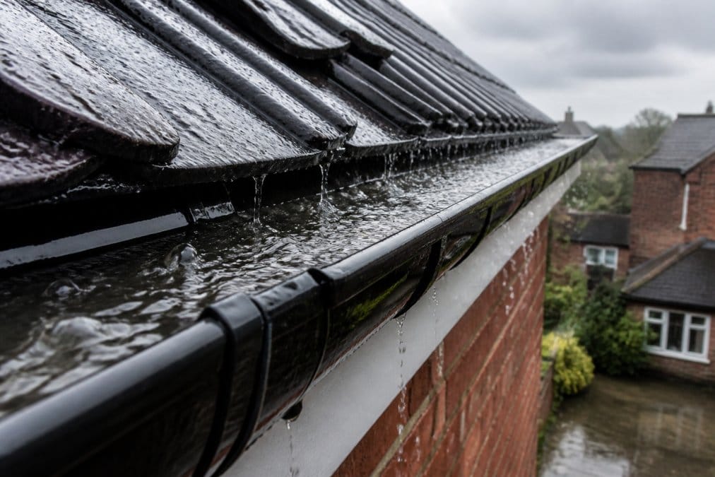 Close-up of a deep flow guttering system fixed to a house fascia during heavy rainfall, water rushing efficiently through the channel, grey skies and wet brickwork in the background