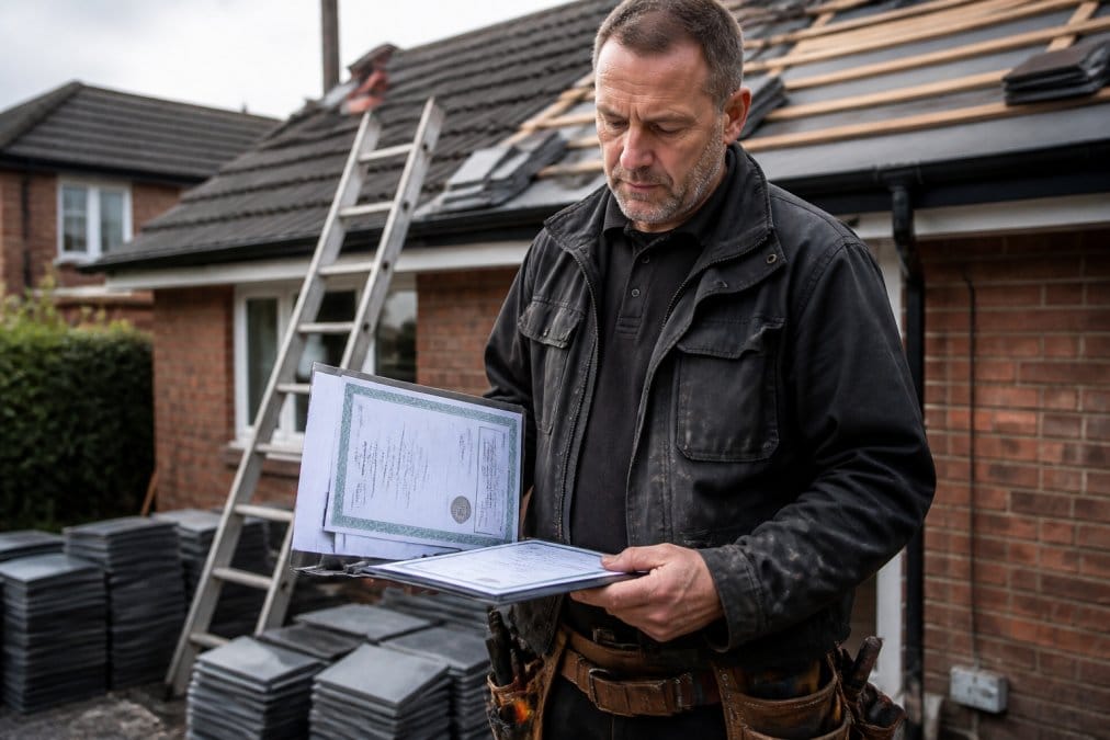 Professional roofer holding clipboard with insurance certificate and credentials documentation visible, reviewing paperwork on residential property with roofing materials in background