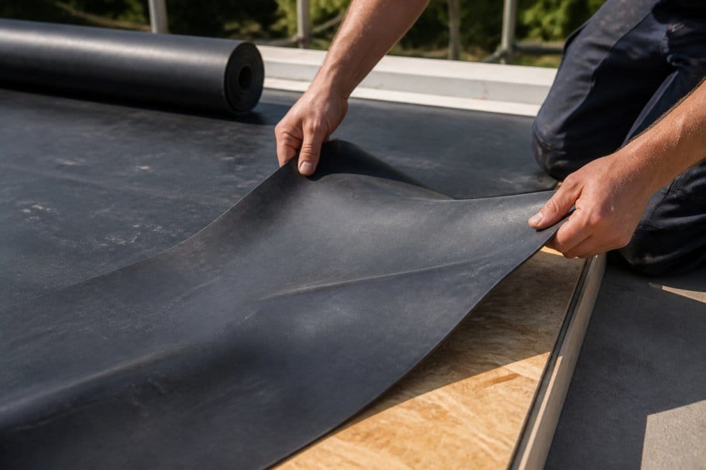 Professional roofer's hands carefully installing a dark EPDM rubber membrane on a flat roof section, showing the material's flexibility and texture as it conforms to the substrate, bright daylight illuminating the work