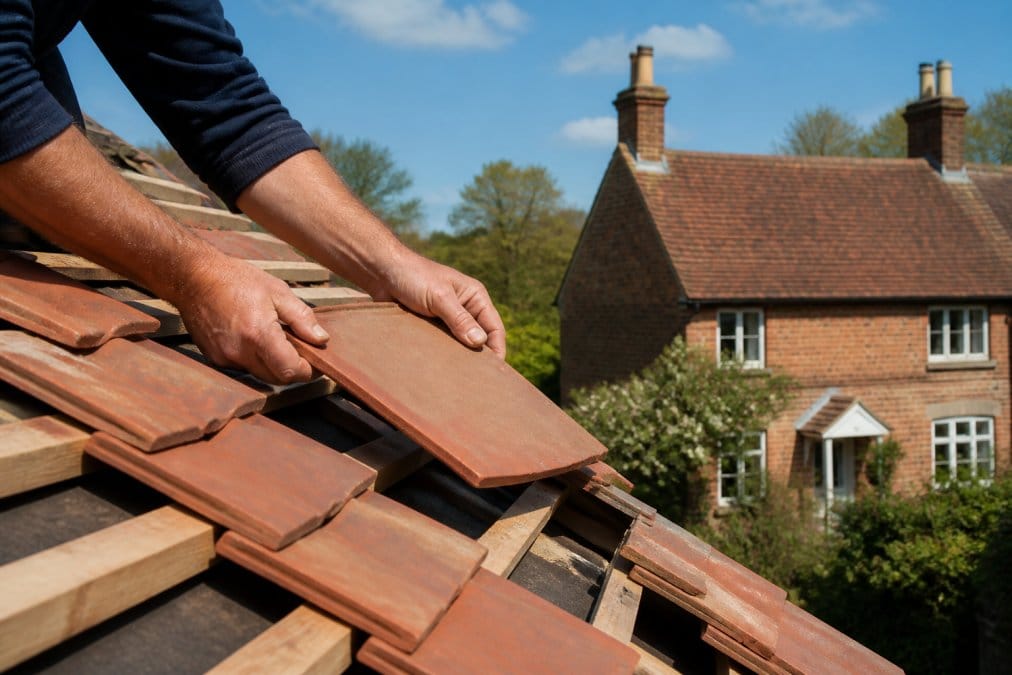 Close-up of a roofer's hands laying a clay plain tile on a pitched roof, with a traditional brick Buckinghamshire cottage visible in the background under a clear sky