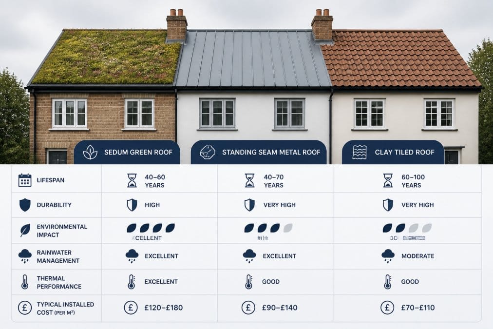A row of semi-detached UK houses showing different roof types side by side: a sedum green roof, a grey standing seam metal roof, and a traditional clay tiled roof, photographed on a bright overcast day