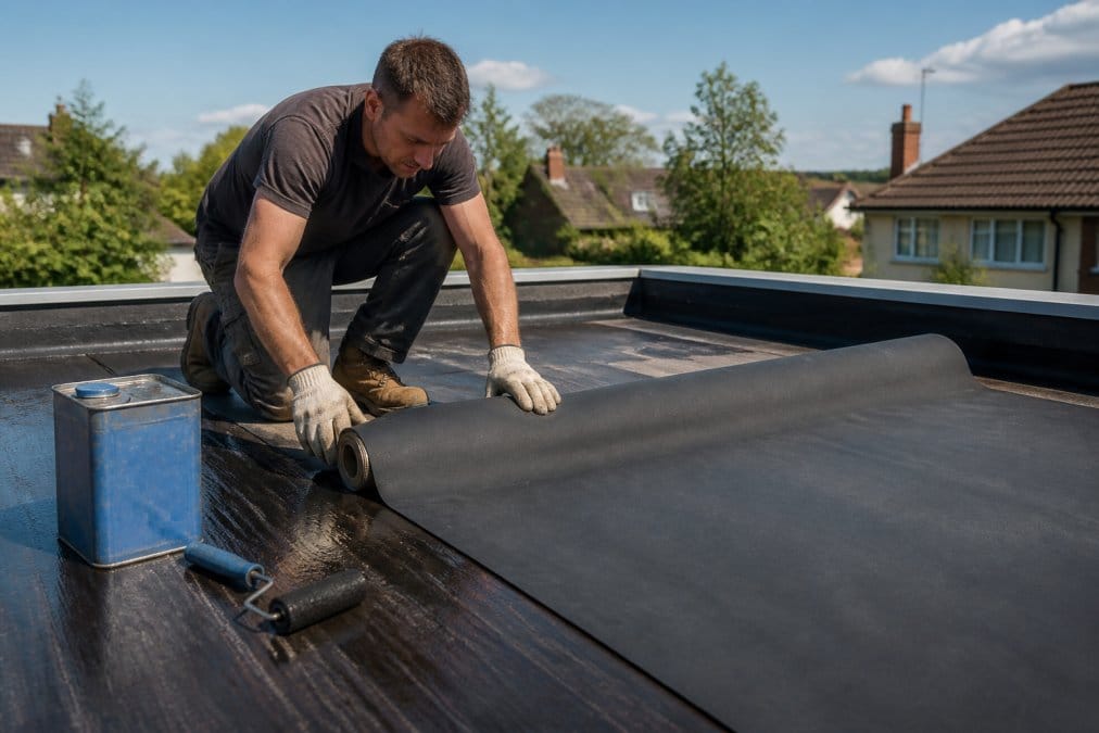 Professional roofer carefully unrolling and adhering a large EPDM rubber membrane sheet to a flat residential roof, hands working with contact adhesive and roller on a clear sunny day