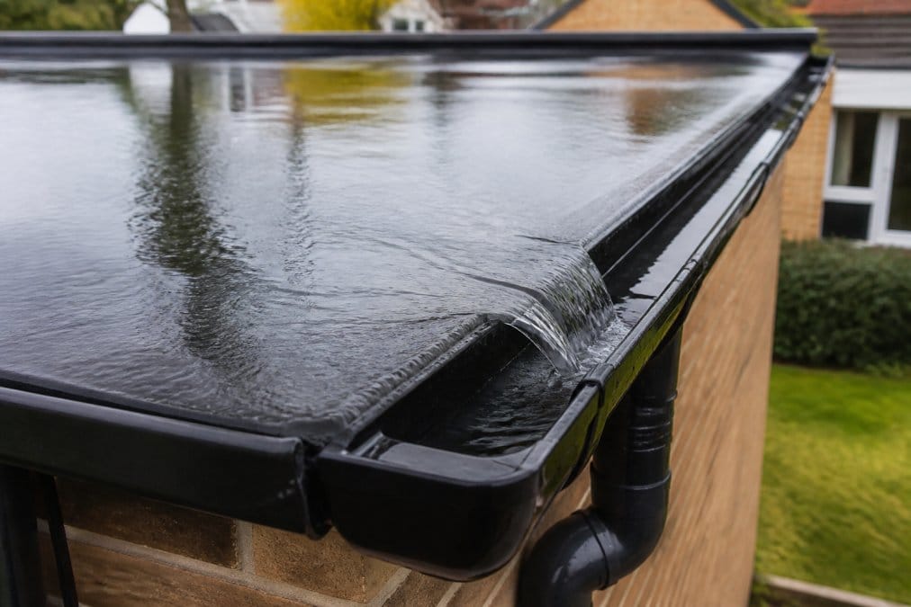 Close-up view of water actively flowing across a properly sloped flat roof surface toward a metal gutter and downpipe, showing drainage system in action on a residential property