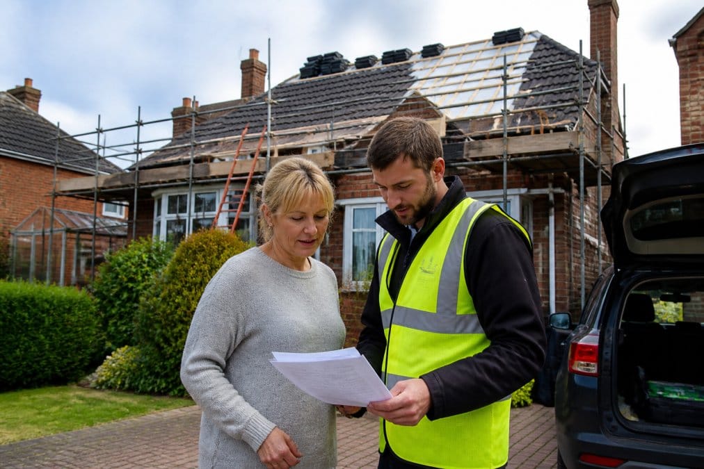 A homeowner and a roofing surveyor in high-visibility jackets standing in a driveway, reviewing a printed quote and payment schedule beside a house with scaffolding on the roof
