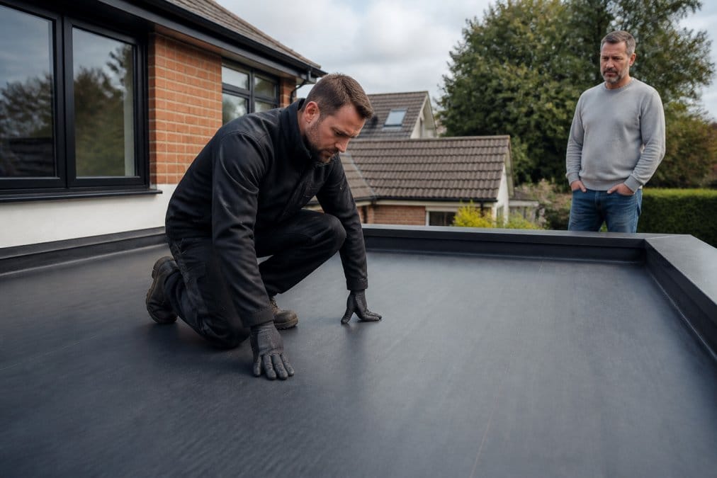 A professional roofer in the UK inspecting a newly installed flat roof membrane on a residential property, with the homeowner watching from a short distance