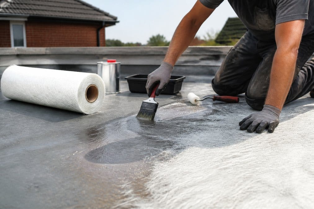 Professional roofer applying polyester resin to flat roof deck using brush, with fibreglass matting rolls and tools arranged on the surface in daylight