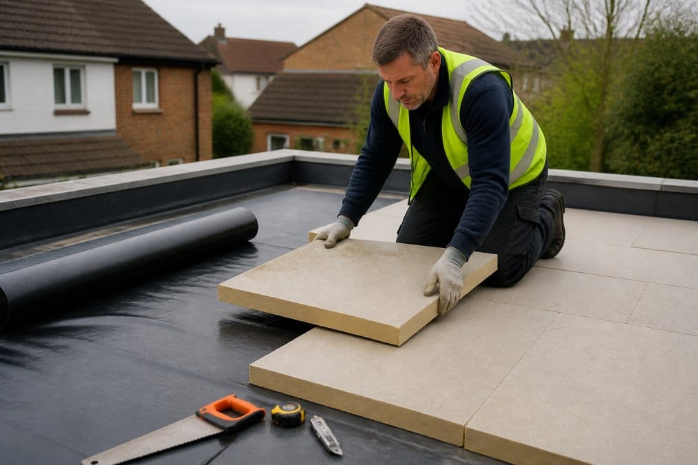 A roofer in a high-visibility vest and gloves fitting rigid insulation boards onto a flat roof deck on a residential extension, with a vapour control layer partly rolled out nearby and tools resting on the deck