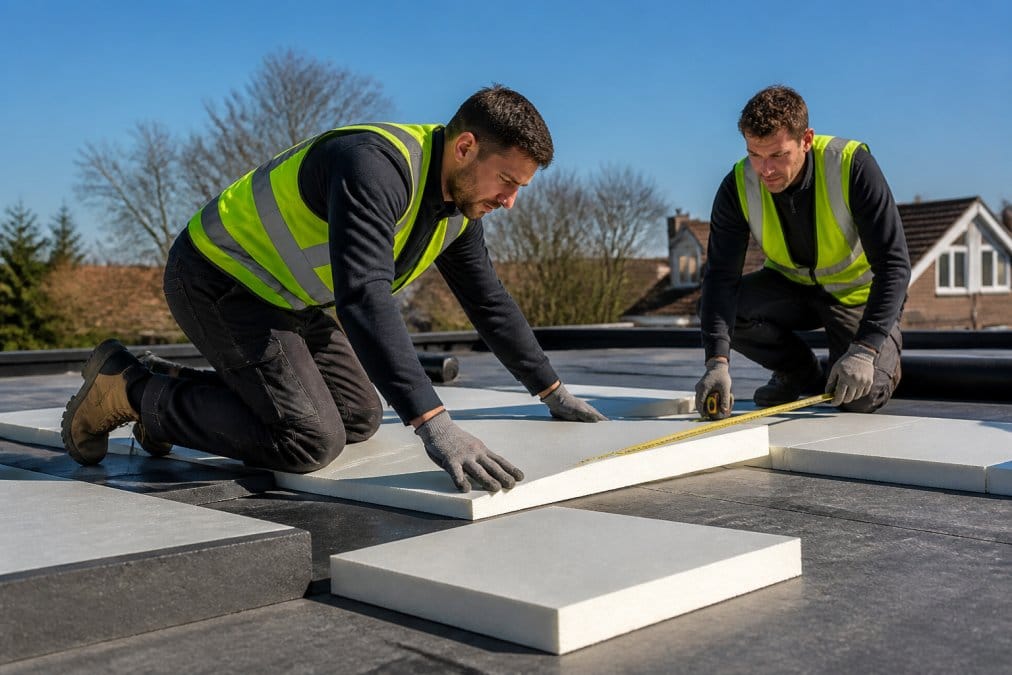 A roofer in professional workwear kneeling on a residential flat roof, aligning a rigid insulation board while a second worker holds a measuring tape, clear blue sky overhead