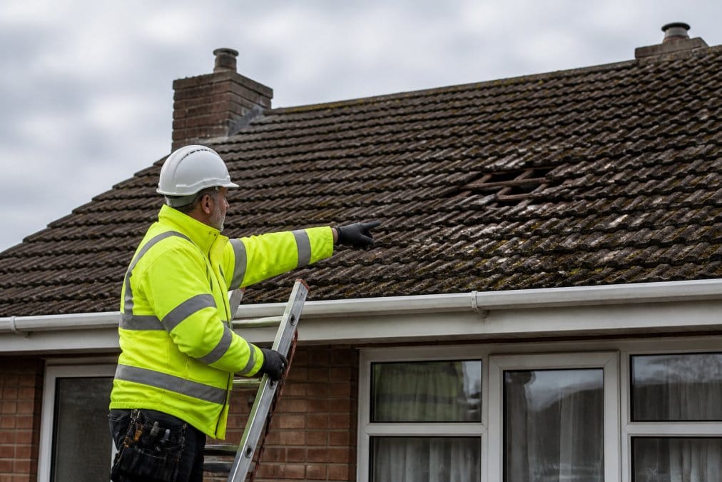 A roofer in high-visibility safety gear standing on a ladder inspecting a residential tiled roof, pointing at a patch of missing and slipped tiles on a UK home under overcast daylight