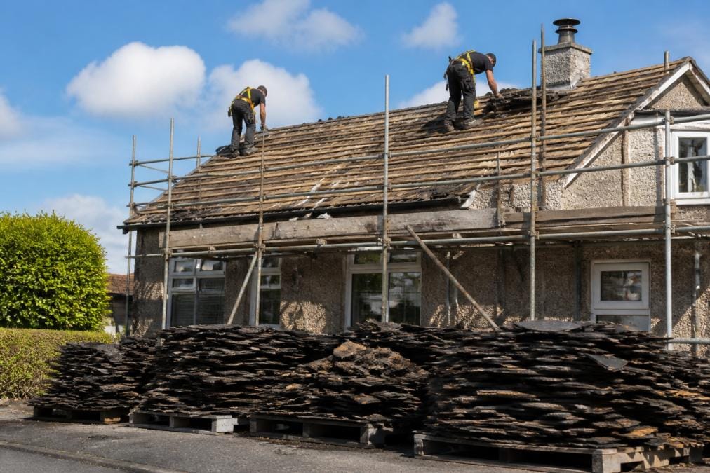 Professional roofers removing old roofing materials from a detached house using scaffolding and safety harnesses, with stacks of old shingles on the ground and blue sky visible