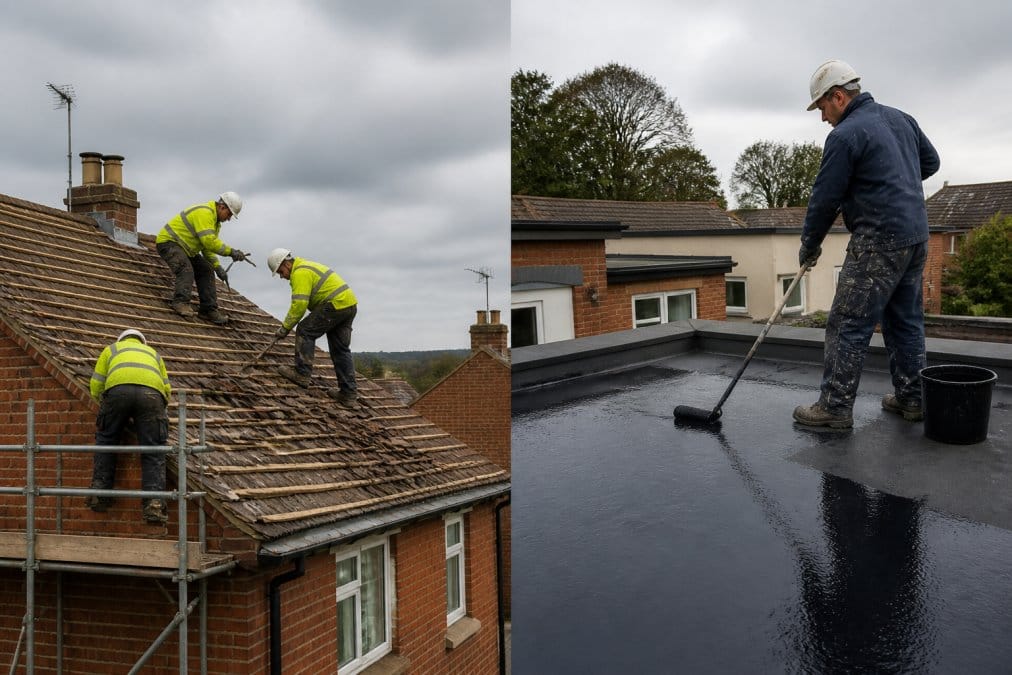 A split scene of a UK home: on the left, roofers in hi-vis jackets stripping old tiles from a pitched roof under grey skies; on the right, a contractor in workwear applying a dark liquid coating with a long roller to a flat roof section