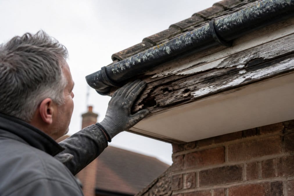 Close-up photo of a roofer wearing gloves inspecting a rotting timber fascia board under a house eaves, with peeling paint and visible wood grain damage, overcast British weather
