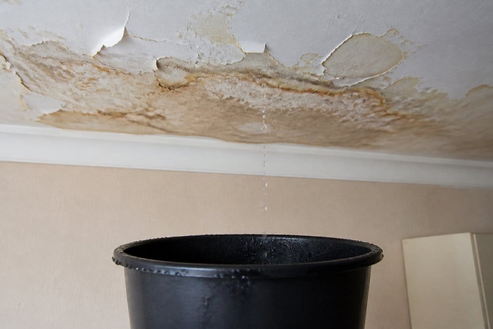 A close-up photograph of a damaged ceiling inside a UK home, showing brown water stains and peeling paint, with a bucket placed underneath to catch drips