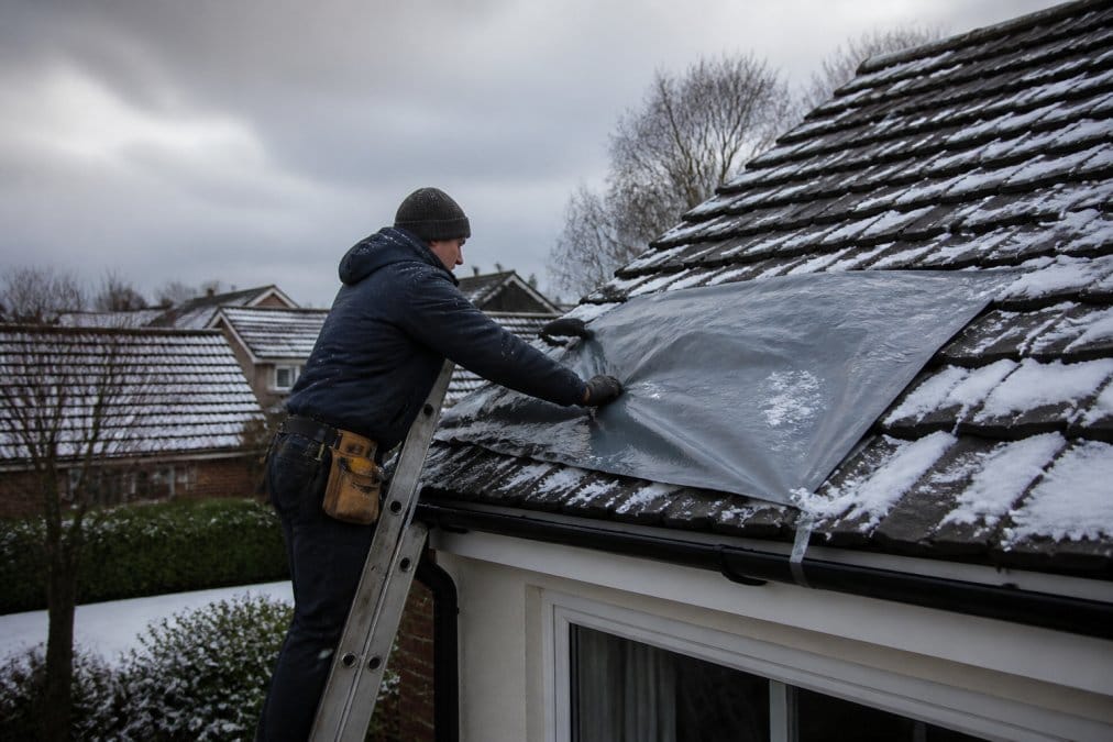 A homeowner on a ladder in cold winter weather placing a temporary waterproof cover over a damaged roof section, with frost visible on surrounding rooftops and a grey overcast sky