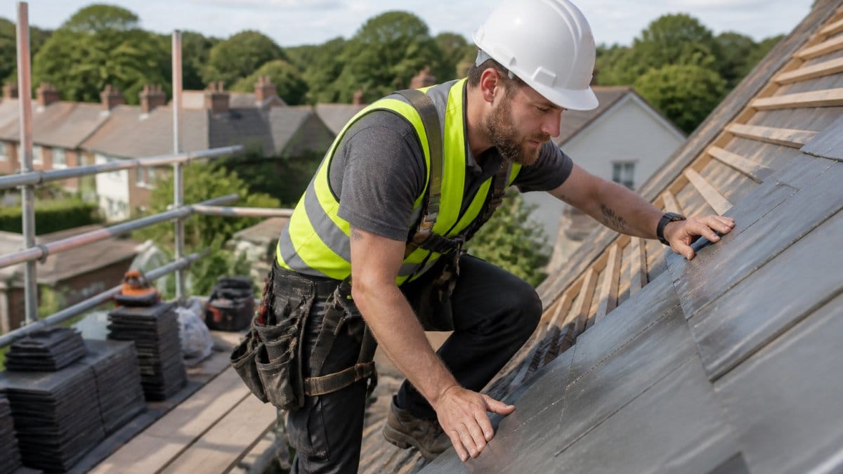 Skilled roofer in high-visibility safety gear and harness inspecting a pitched roof during daylight, with tool belt, safety equipment, and materials visible on scaffolding in the background