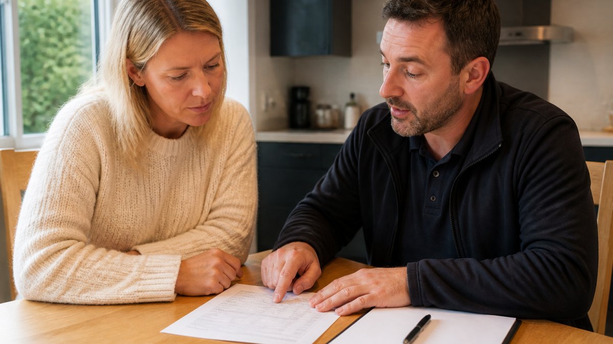 A homeowner and a roofing contractor reviewing a printed written estimate together at a kitchen table, with a clipboard and pen visible, natural daylight